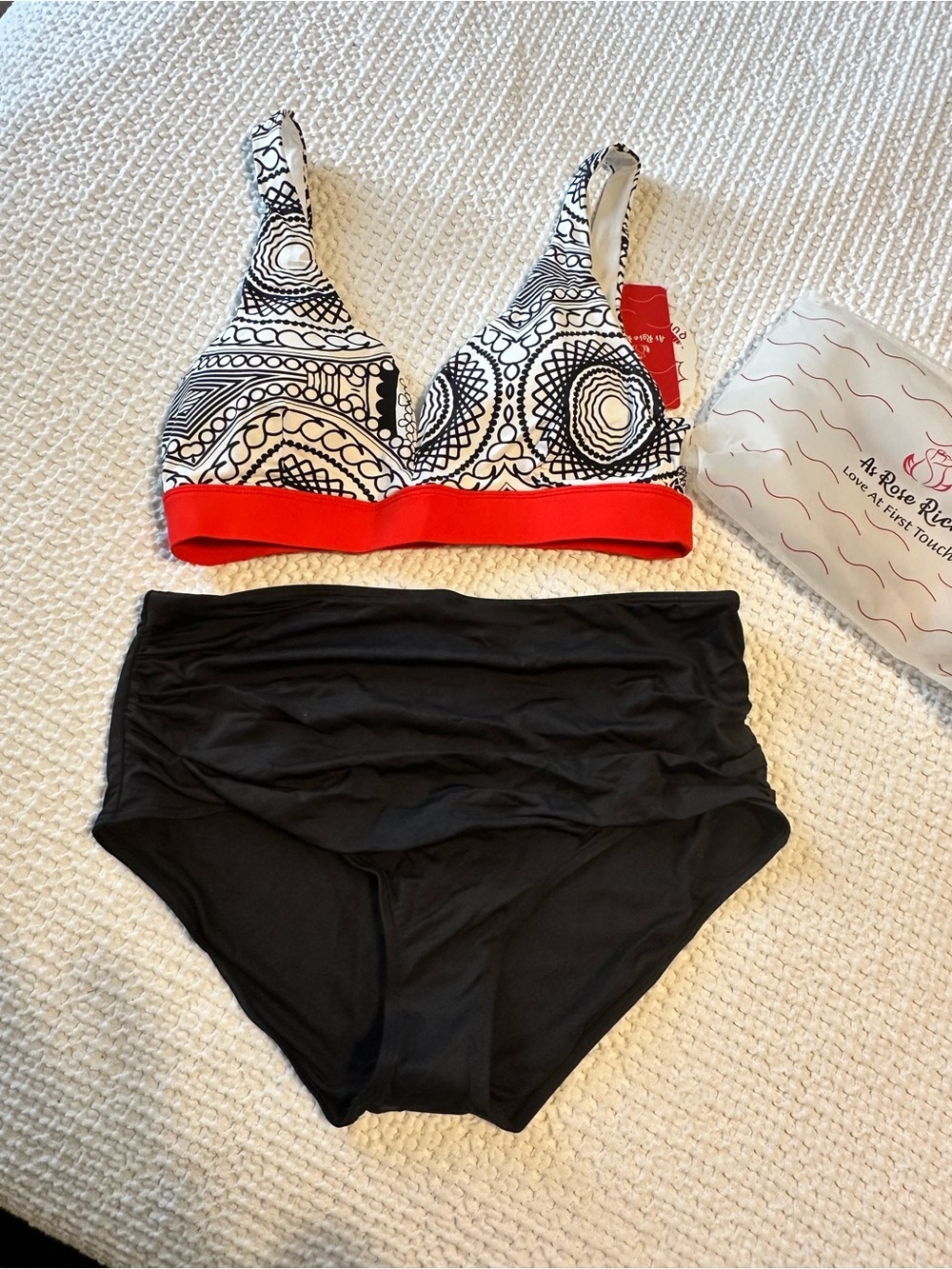Black, white and red Sporty Bikini w/ High Waisted Bottoms and Sports Bra Top